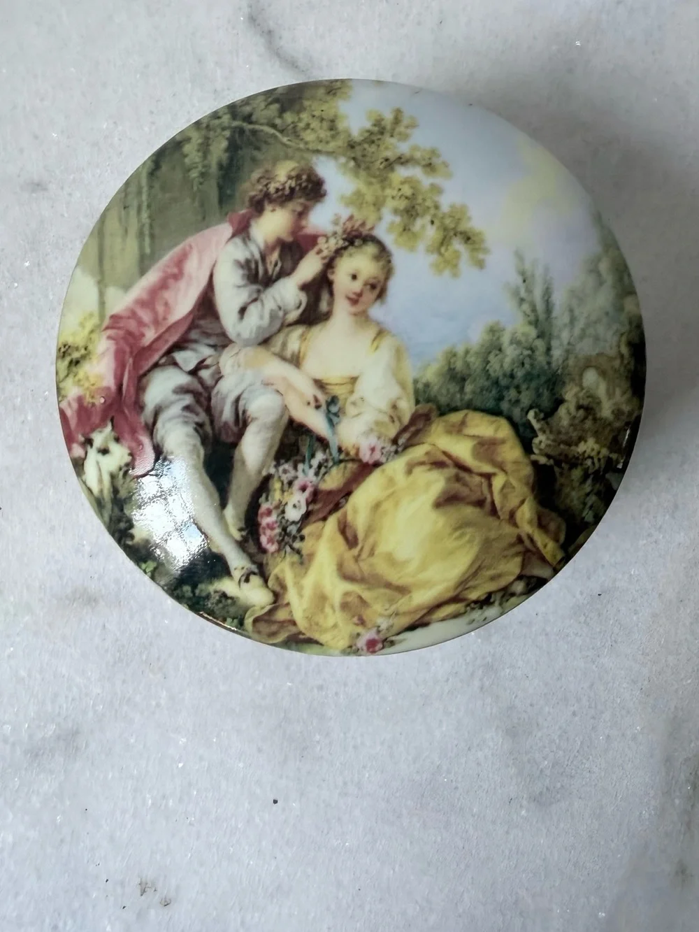 vintage Andrea by Sadek porcelain trinket box featuring a courting couple scene